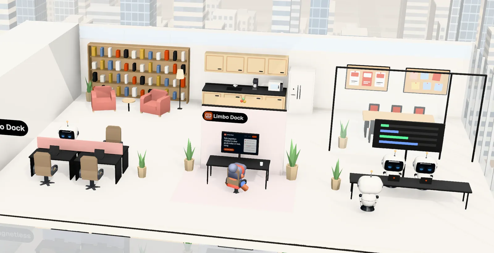 Limbo Dock’s office on floor 28 of Tower 1: the owner’s desk with the website on screen, the agents’ bench, a meeting room and a library